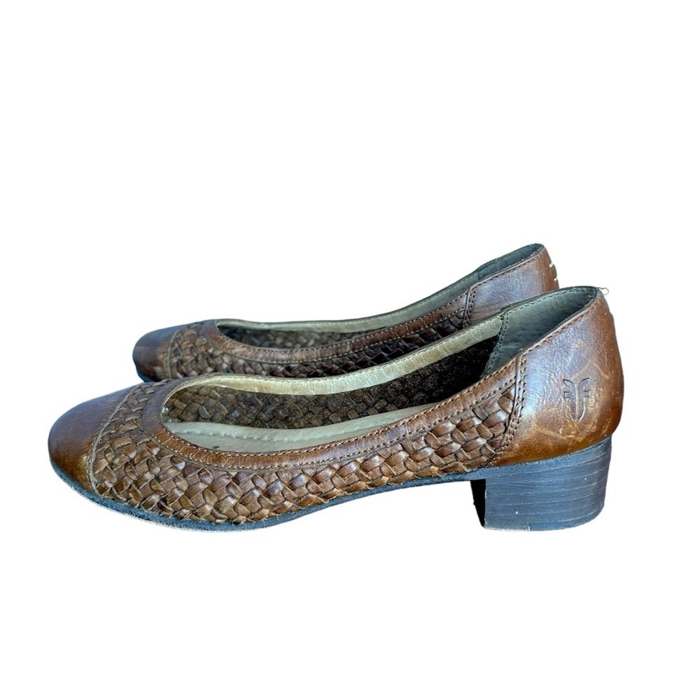 Frye women’s 8 Brown Woven Leather Pump Block Chunky Heel Shoe
